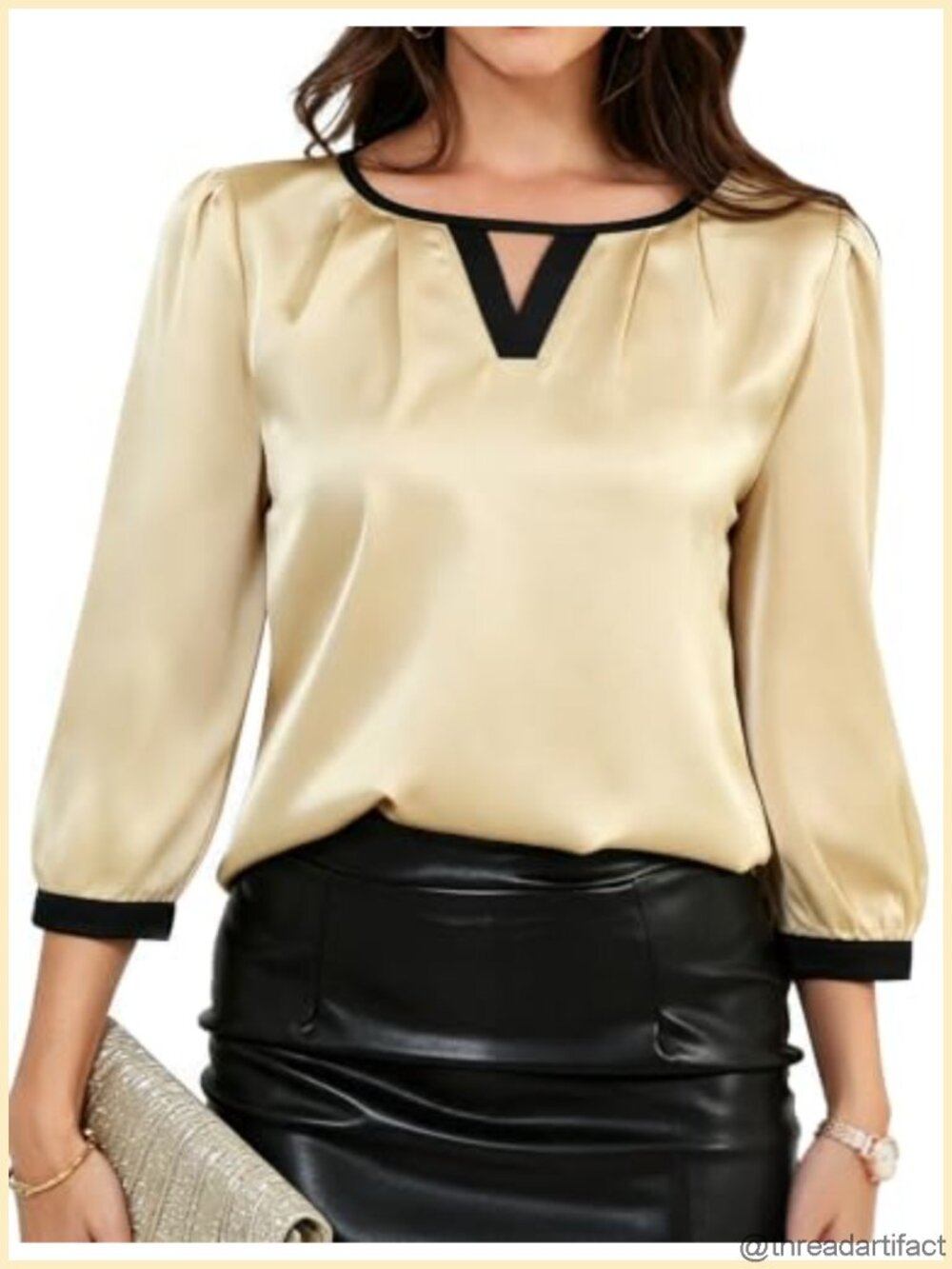 Womens Satin Blouse 3/4 Puff Sleeve Dressy Casual Work Top
